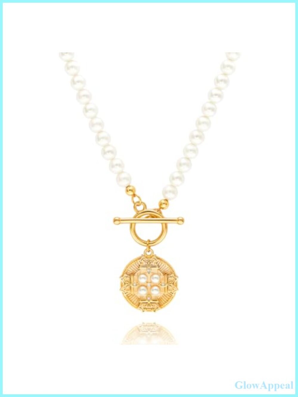 18K Gold Plated Pearl Cross Medallion Toggle Necklace 18"